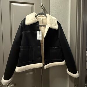Urban Revivo Black and Cream Faux Fur Leather Shearling Jacket